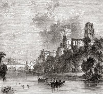 Veduta di Durham e della Cattedrale, vista dal fiume Wear, Durham, Inghilterra da . .