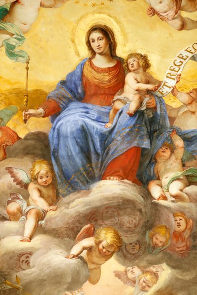 Vergine Maria e bambino. Affresco. Palazzo Fieschi-Crosa Di Vergagni. Genova. Italia da . .