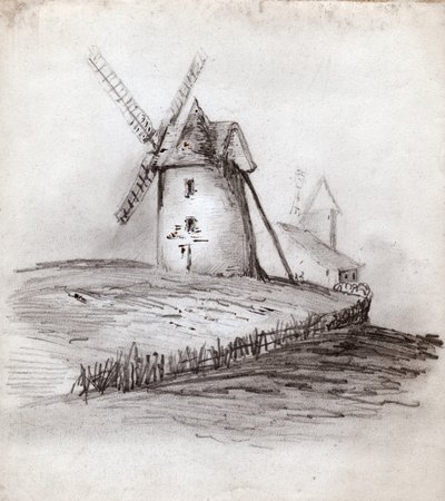 Mulino a vento in Normandia, Francia. circa 1830 (illustrazione) da . .