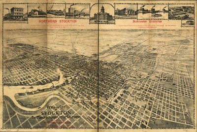 Veduta della città di Stockton, la città manifatturiera della California che mostra la posizione del nord di Stockton da Dakin Publishing Co.