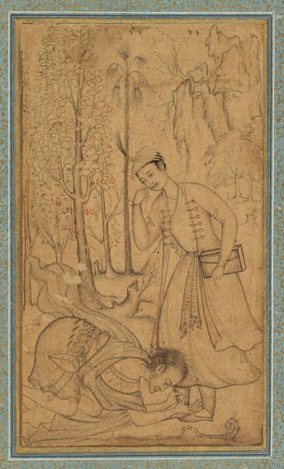 Un uomo santo che si prostra davanti a un principe erudito, c. 1585, bordo aggiunto probabilmente nel 1700 da   Manohar