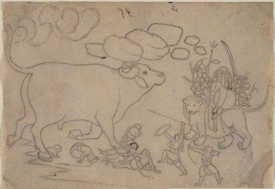Durga affronta il demone bufalo Mahisha: Scena dal Devi Mahatmya da a first generation master after Nainsukh