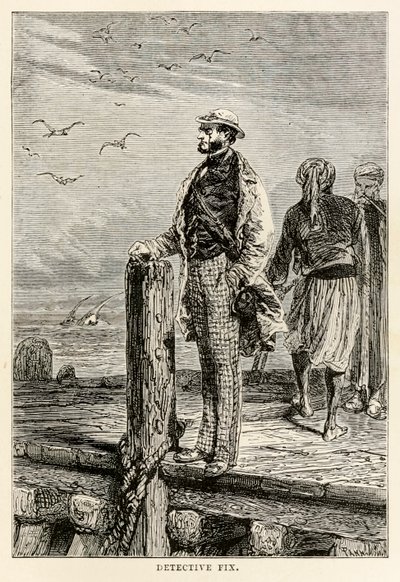 Detective Fix, da Il giro del mondo in ottanta giorni di Jules Verne (1828-1905) inciso da Louis Dumont (n.1822), 1873 da after Alphonse Marie de Neuville