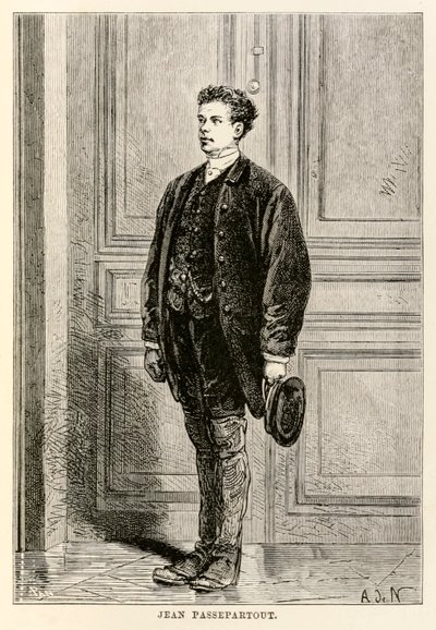 Jean Passepartout, da Il giro del mondo in ottanta giorni di Jules Verne (1828-1905) inciso da Louis Dumont (n.1822), 1873 da after Alphonse Marie de Neuville