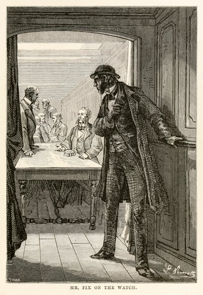 Il signor Fix in guardia, da Il giro del mondo in ottanta giorni di Jules Verne (1828-1905) inciso da Louis Dumont (n.1822), 1873 da after Alphonse Marie de Neuville