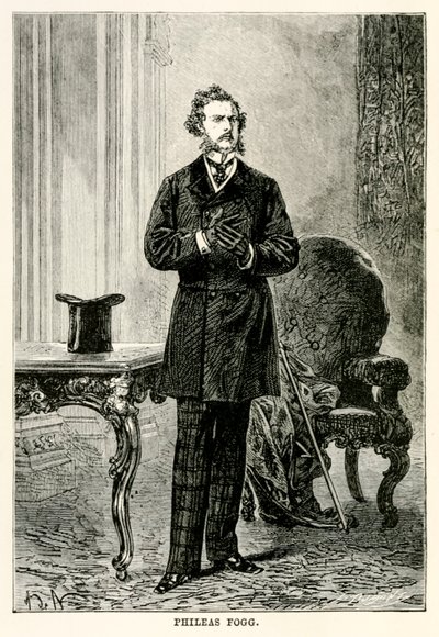 Phileas Fogg, da Il giro del mondo in ottanta giorni di Jules Verne (1828-1905) inciso da Louis Dumont (n.1822), 1873 da after Alphonse Marie de Neuville