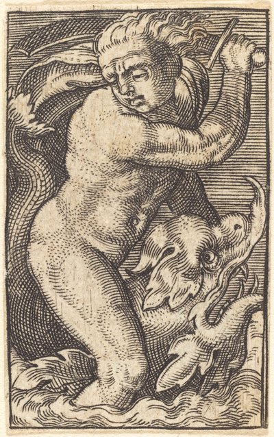 Copia inversa di "Dio del mare a sinistra che cavalca un delfino" da after Barthel Beham
