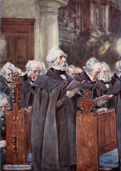 La sua cara vecchia testa era chinata sul libro di preghiere da after Charles Edmund Brock