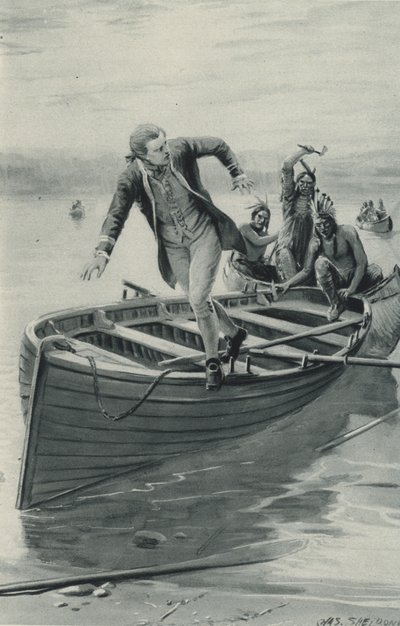 Il capitano James Cook salta fuori dalla sua barca mentre i pellerossa saltano dentro da after Charles Mills Sheldon