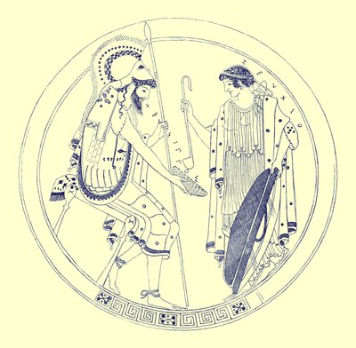 Un guerriero seduto tiene la sua coppa di vino, illustrazione da Pitture di vasi greci di J. E. Harrison e D. S. MacColl, pubblicato nel 1894 da after English School