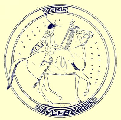 Ragazzo a cavallo, illustrazione da Pitture di vasi greci di J. E. Harrison e D. S. MacColl, pubblicato nel 1894 da after English School