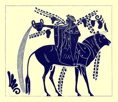 Dioniso che cavalca un toro, illustrazione da Pitture di vasi greci di J. E. Harrison e D. S. MacColl, pubblicato nel 1894 da after English School