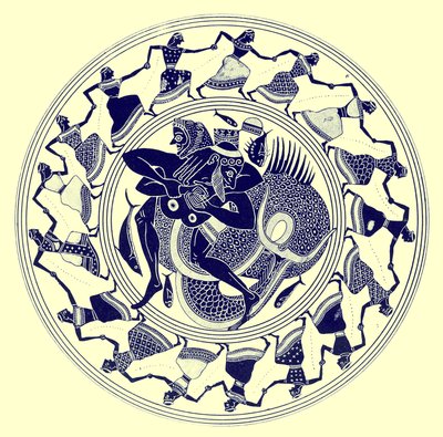 Eracle che lotta con Tritone, illustrazione da Pitture di vasi greci di J. E. Harrison e D. S. MacColl, pubblicato nel 1894 da after English School
