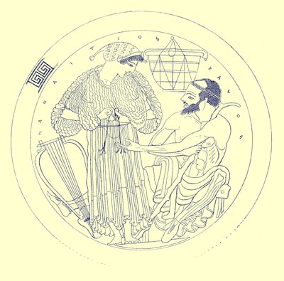 Interno di Cylix di Eufronio, illustrazione da Pitture di vasi greci di J. E. Harrison e D. S. MacColl, pubblicato nel 1894 da after English School