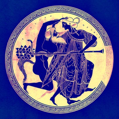 Satiro e menade, illustrazione da Pitture di vasi greci di J. E. Harrison e D. S. MacColl, pubblicato nel 1894 da after English School