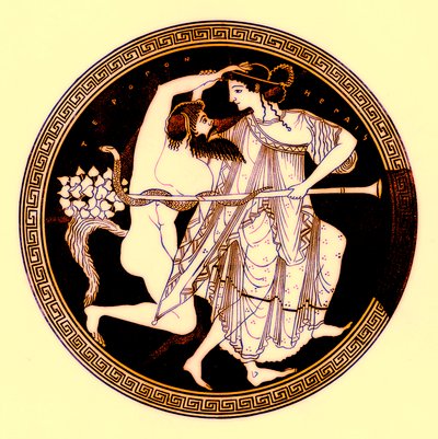 Satiro e menade, illustrazione da Pitture di vasi greci di J. E. Harrison e D. S. MacColl, pubblicato nel 1894 da after English School
