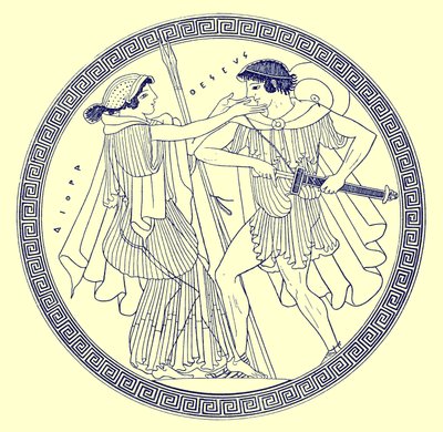 Teseo ed Etra, illustrazione da Pitture di vasi greci di J. E. Harrison e D. S. MacColl, pubblicato nel 1894 da after English School