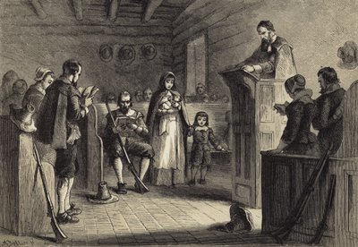 Culto pubblico a Plymouth dai pellegrini da after Felix Octavius Carr Darley