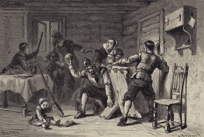 I puritani che barricano la loro casa contro gli indiani da after Felix Octavius Carr Darley