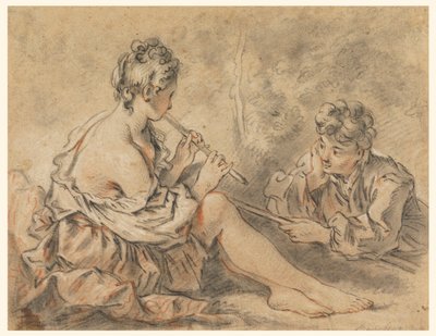 Pastorella che suona il flauto a un pastore da after Francois Boucher