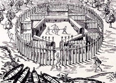 Un villaggio Guarani, da Historia Antipodum di Gottfried, pubblicato nel 1655, da Il romanzo del Rio della Plata, Vol. I, di W. H. Koebel, 1914 da after German School