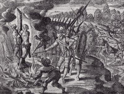 La vendetta degli spagnoli per la morte di Ayolas, da Historia Antipodum di Gottfried, pubblicato nel 1655, da Il romanzo del Rio della Plata, Vol. I, di W. H. Koebel, 1914 da after German School
