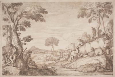 Un viaggio pastorale con un ragazzo che suona il flauto sotto un albero da after Giovanni Benedetto Castiglione Gaetano Zompini