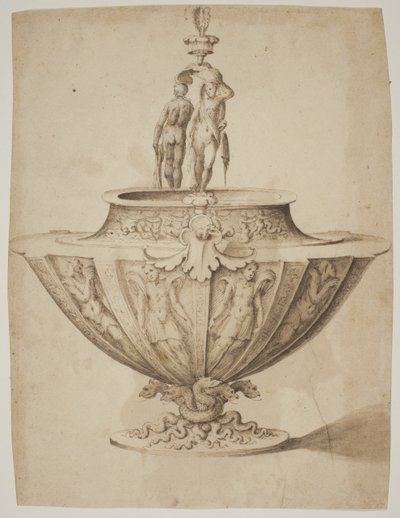 Una magnifica ciotola con figure e scene marine su una base circondata da serpenti da after Giulio Romano