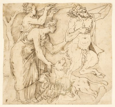 Un satiro, due donne, un leone e una capra da after Giulio Romano