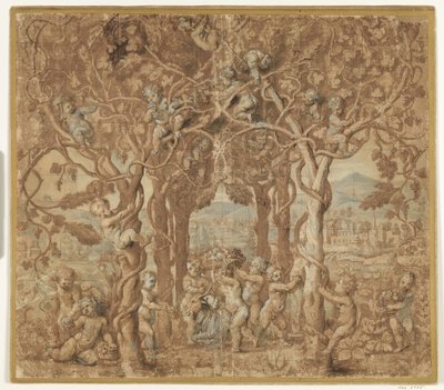 Putti che raccolgono uva e giocano con una capra da after Giulio Romano