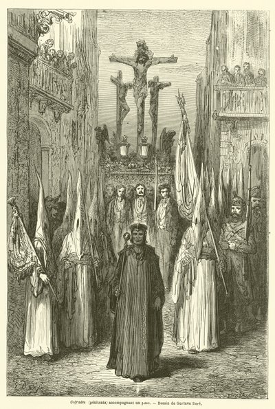 Cofrades (penitenti) accompagnano un paso da Gustave after Dore