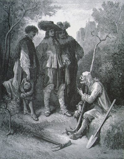 Illustrazione per Il vecchio e i tre giovani, dalle Favole di Jean de La Fontaine da Gustave after Dore