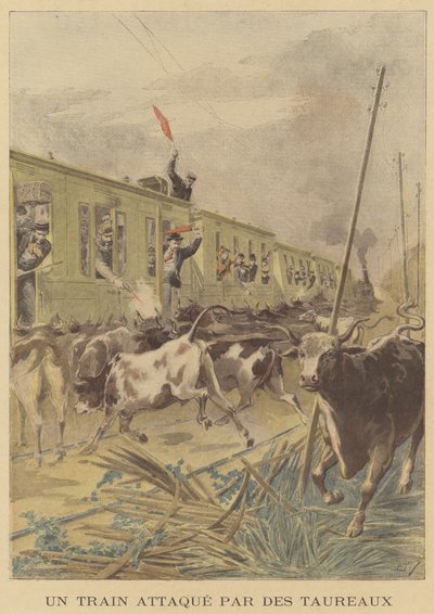 Un treno attaccato da tori da after Henri Meyer