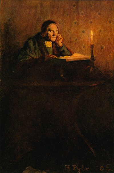 Un gentiluomo ordinato e rinsecchito seduto a una scrivania da after Howard Pyle