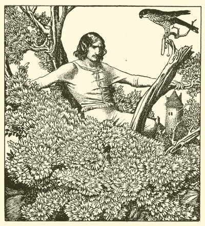 Sir Launcelot sale per catturare il falcone della dama da after Howard Pyle