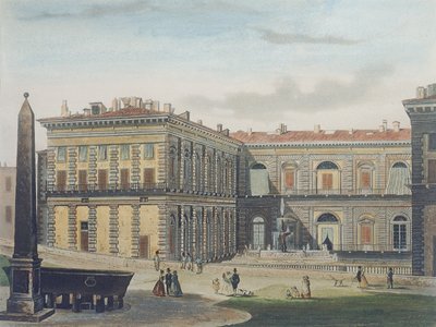 Cortile interno di Palazzo Pitti, Firenze, inciso da Johann Falkeisen e colorato da L. Cherbuin da after Italian School