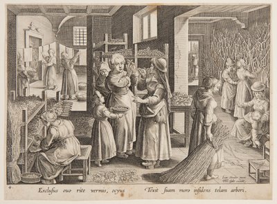 Nutrire i bachi da seta con foglie di gelso da after Jan van der Straet, called Stradanus