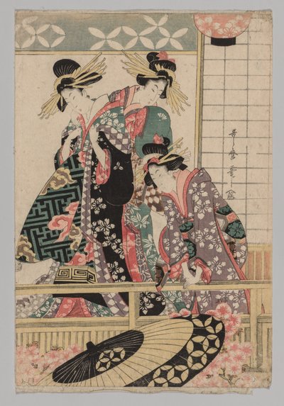 Donne di Yoshiwara che guardano in strada in primavera da after Kitagawa Utamaro