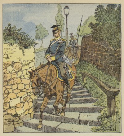 A Châteaudun, due ulani inseguiti scendono a cavallo la scalinata di pietra di 200 gradini da after Louis Charles Bombled