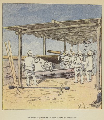 Batterie di pezzi da 14 nel forte di Tamatave da after Louis Charles Bombled