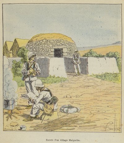 Ingresso di un villaggio malgascio da after Louis Charles Bombled