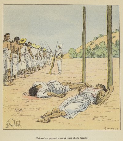 Fahavalos che passano davanti ai loro capi fucilati da after Louis Charles Bombled
