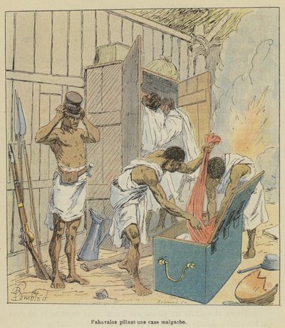Fahavalos che saccheggiano una capanna malgascia da after Louis Charles Bombled