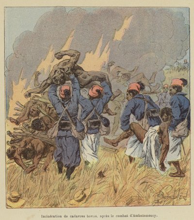 Incenerimento di cadaveri Hova, dopo il combattimento di Ambolomonty da after Louis Charles Bombled