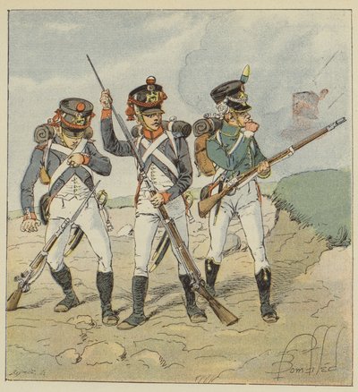 Giovane guardia, 1806, Coscritto-granatiere, Tiratore-granatiere, Flanqueur-cacciatore da after Louis Charles Bombled