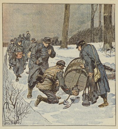 I soldati della fanteria di marina riempiono le loro borracce da una botte di rum da after Louis Charles Bombled
