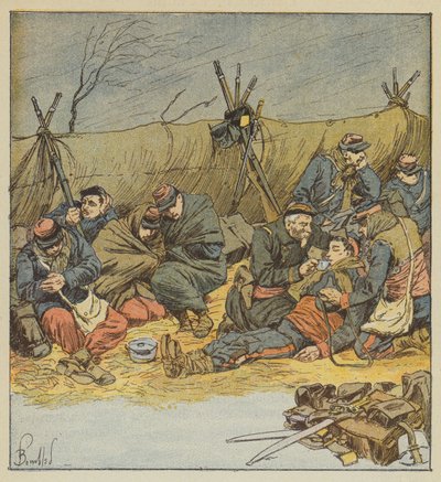 I soldati, non potendo più restare sotto la tenda, improvvisano dei ripari da after Louis Charles Bombled