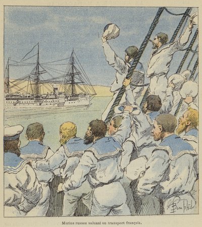 Marinai russi che salutano un trasporto francese da after Louis Charles Bombled