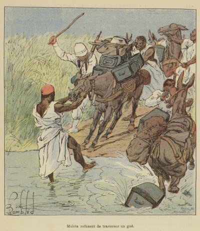 Muli che rifiutano di attraversare un guado da after Louis Charles Bombled