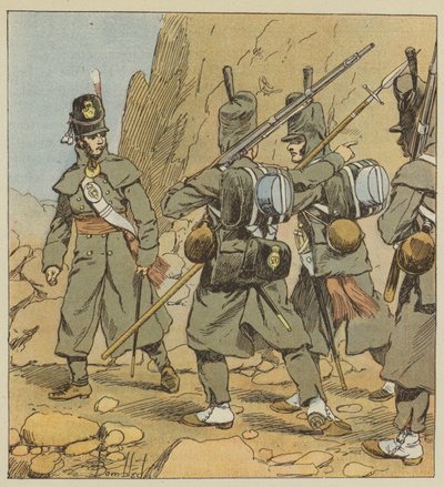 Soldati inglesi del 1° reggimento della guardia a piedi, in tenuta di marcia, Spagna, 1814 da after Louis Charles Bombled